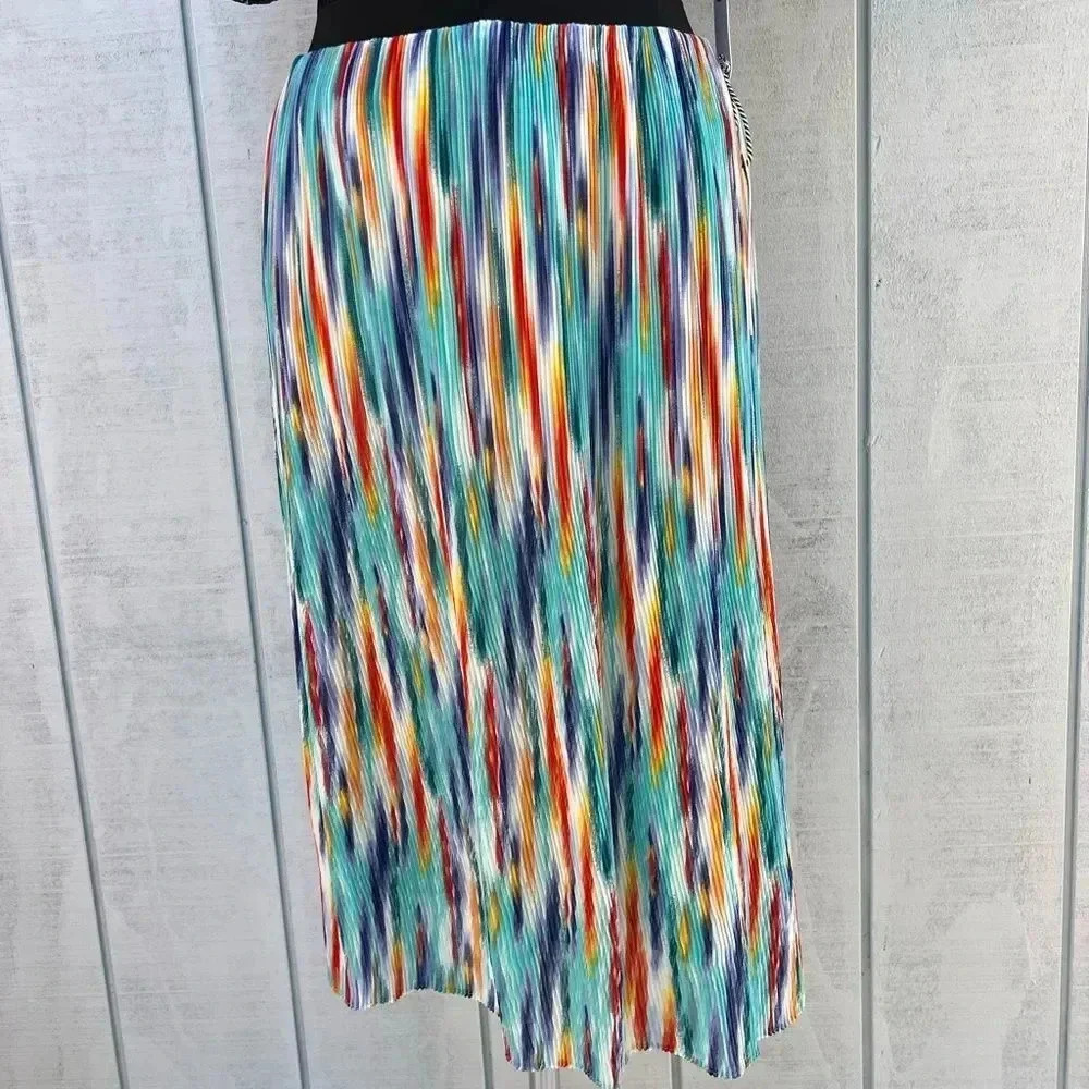 Story On Pleated Midi Skirt Multicolored Print Lined Sheer Elastic Waist - Picture 4 of 10